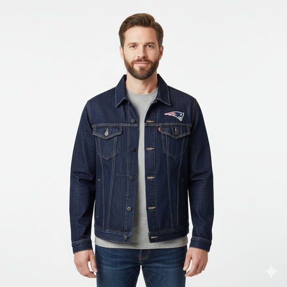 New England Patriots Levi's Blue Sports Denim Trucker Men's Jacket Large - Picture 1 of 8